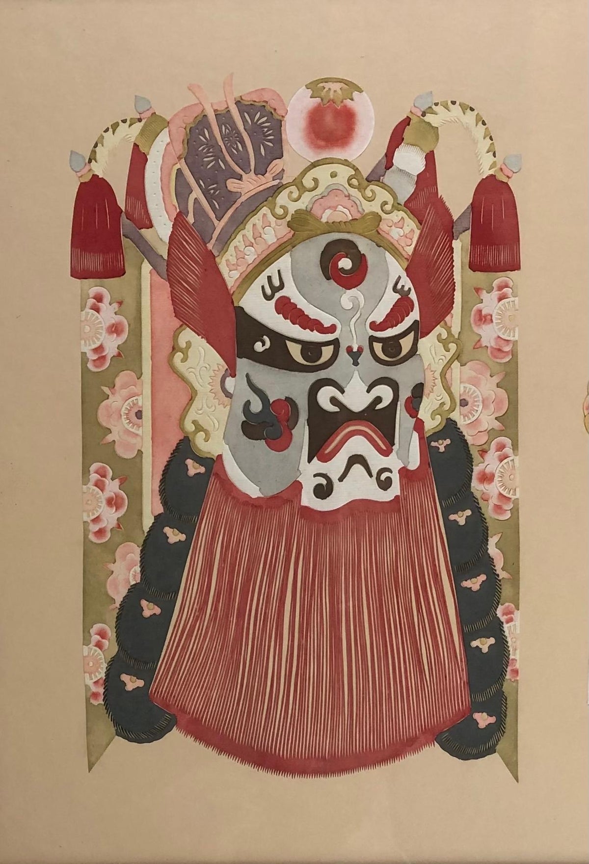 Large Mixed Media of 5 Ceremonial Deity Masks Wall Hanging — detail 2