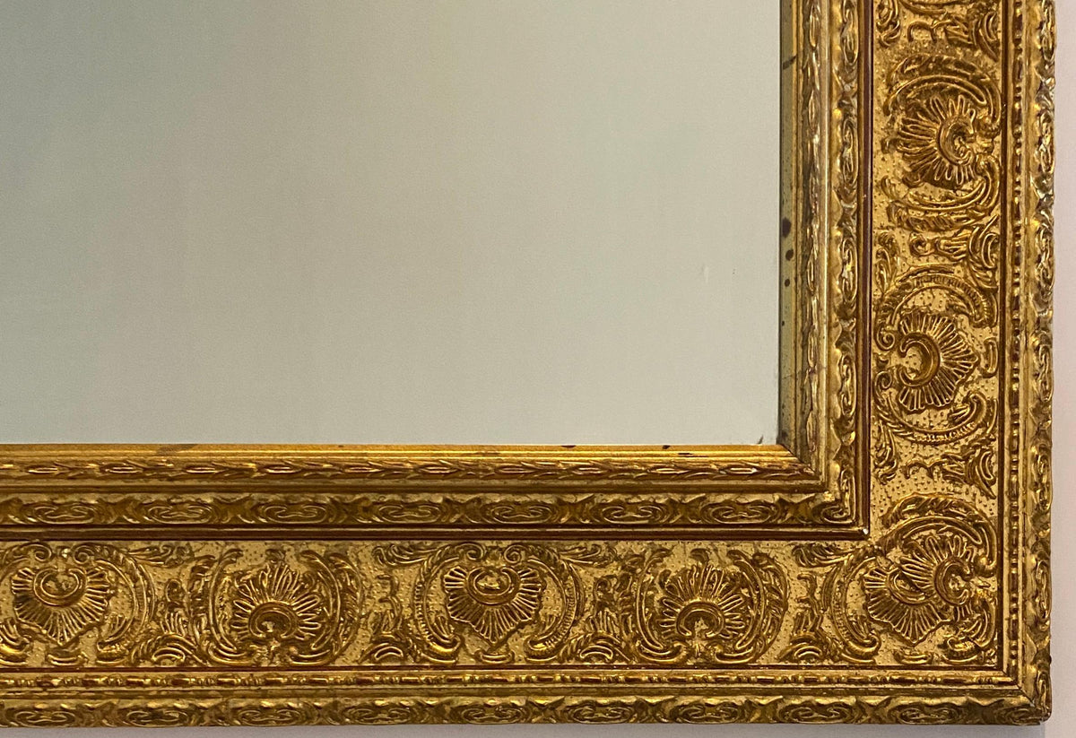 Antique Italian Renaissance Revival Giltwood & Gesso Wall Mirror, Deeply Carved — detail 2