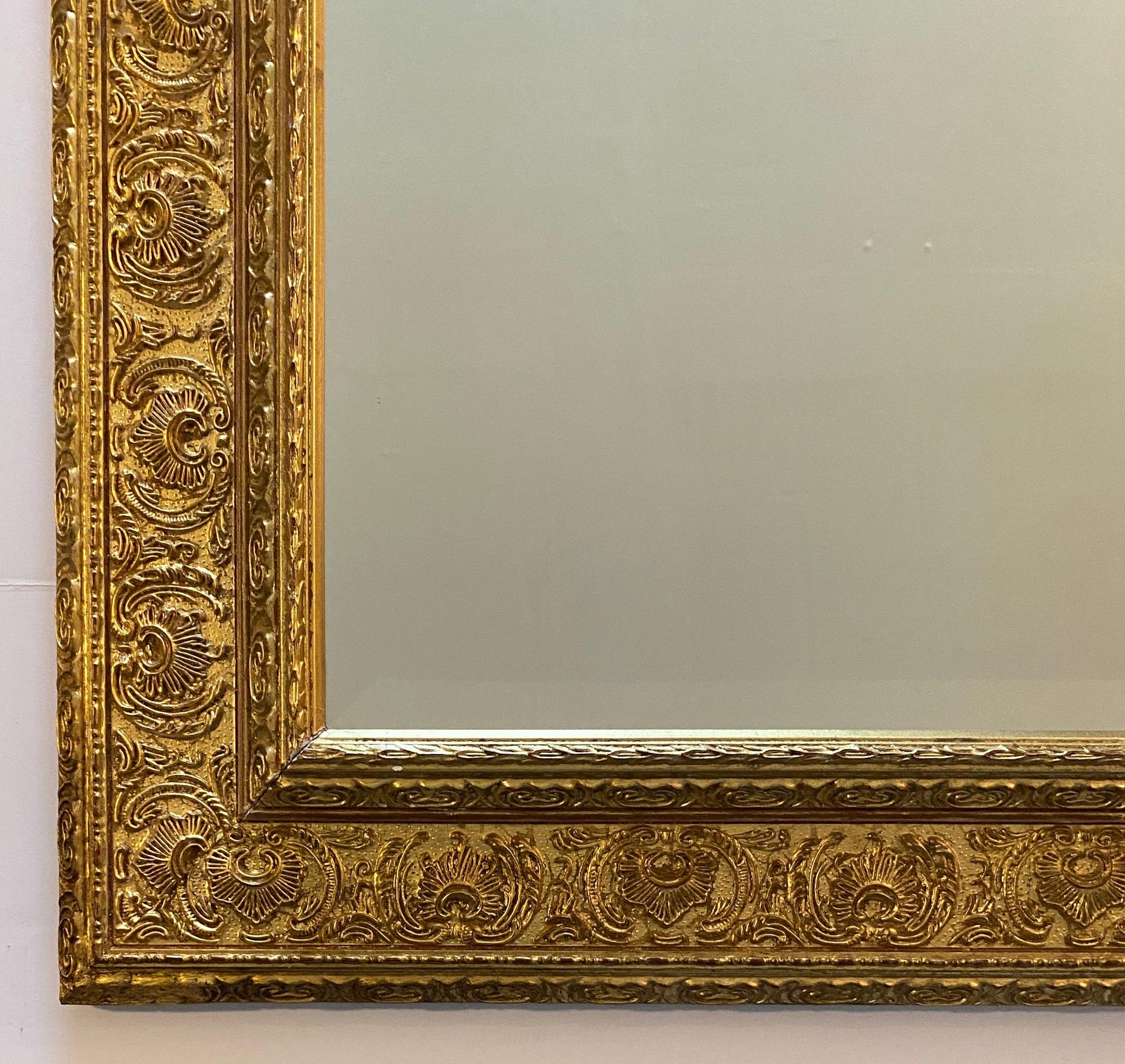 Antique Italian Renaissance Revival Giltwood & Gesso Wall Mirror, Deeply Carved — detail 4
