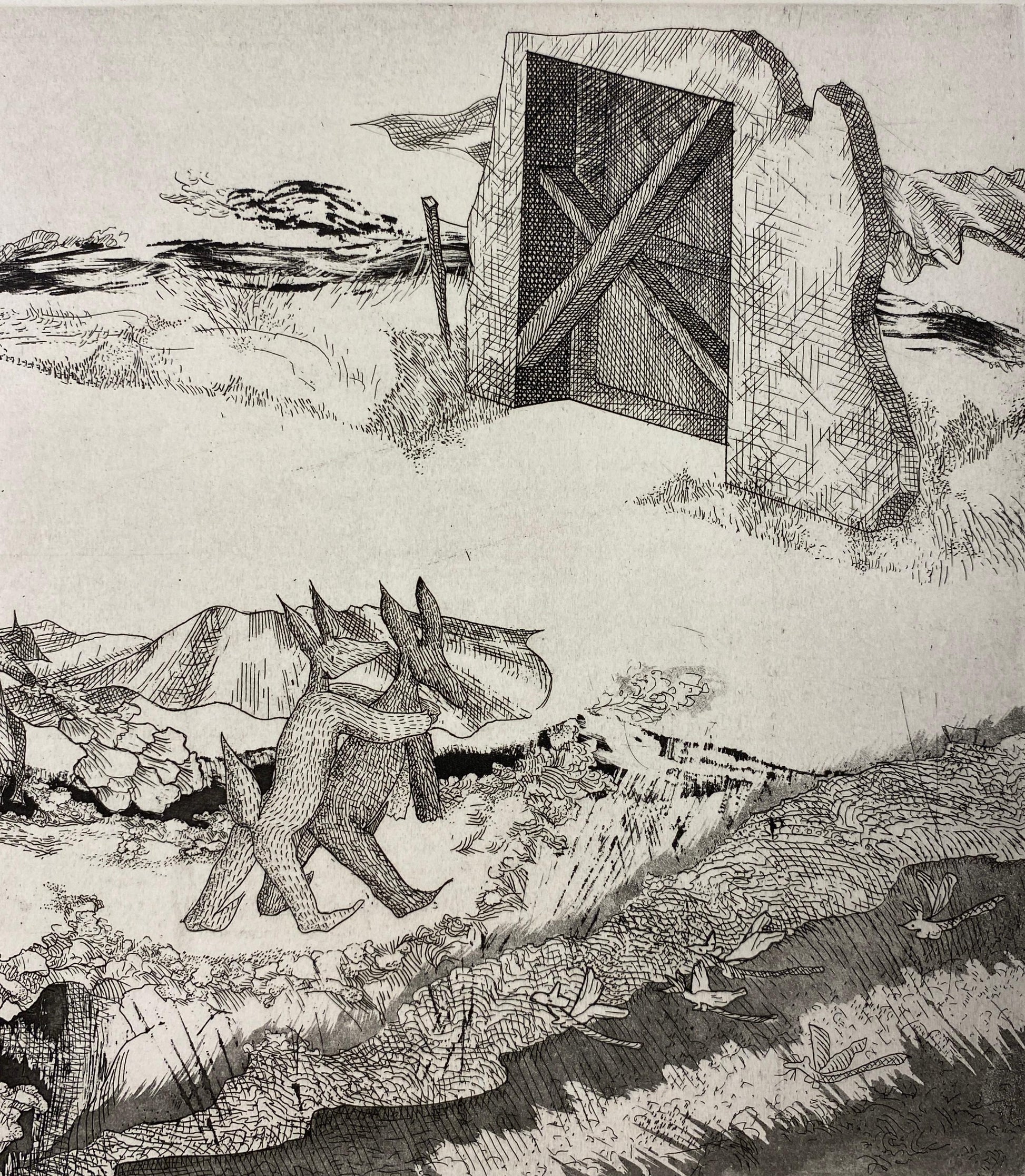 Original French Surrealist Engraving Print titled "l'espace d'un pitre #1/50 — detail 2