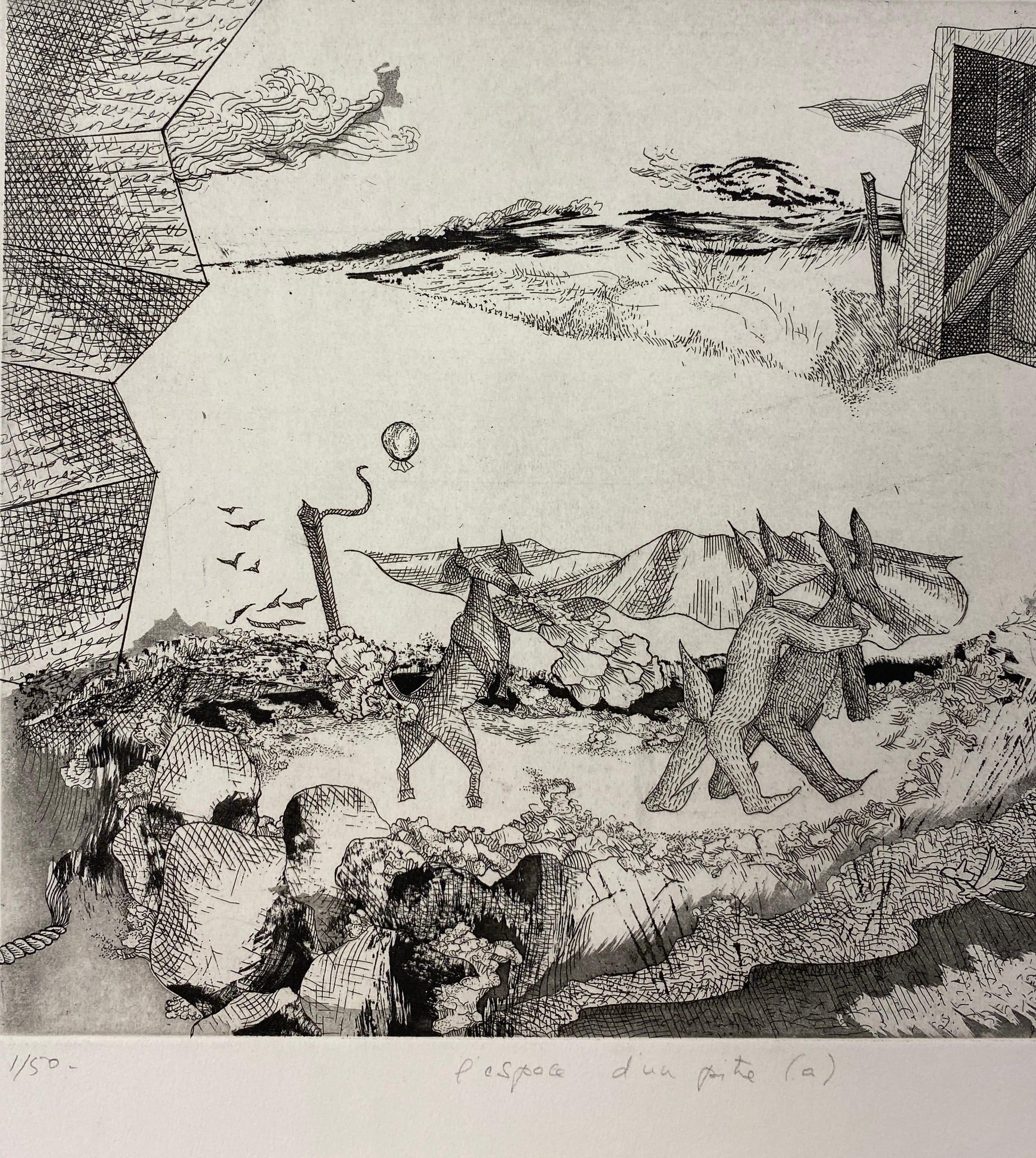 Original French Surrealist Engraving Print titled "l'espace d'un pitre #1/50 — detail 4