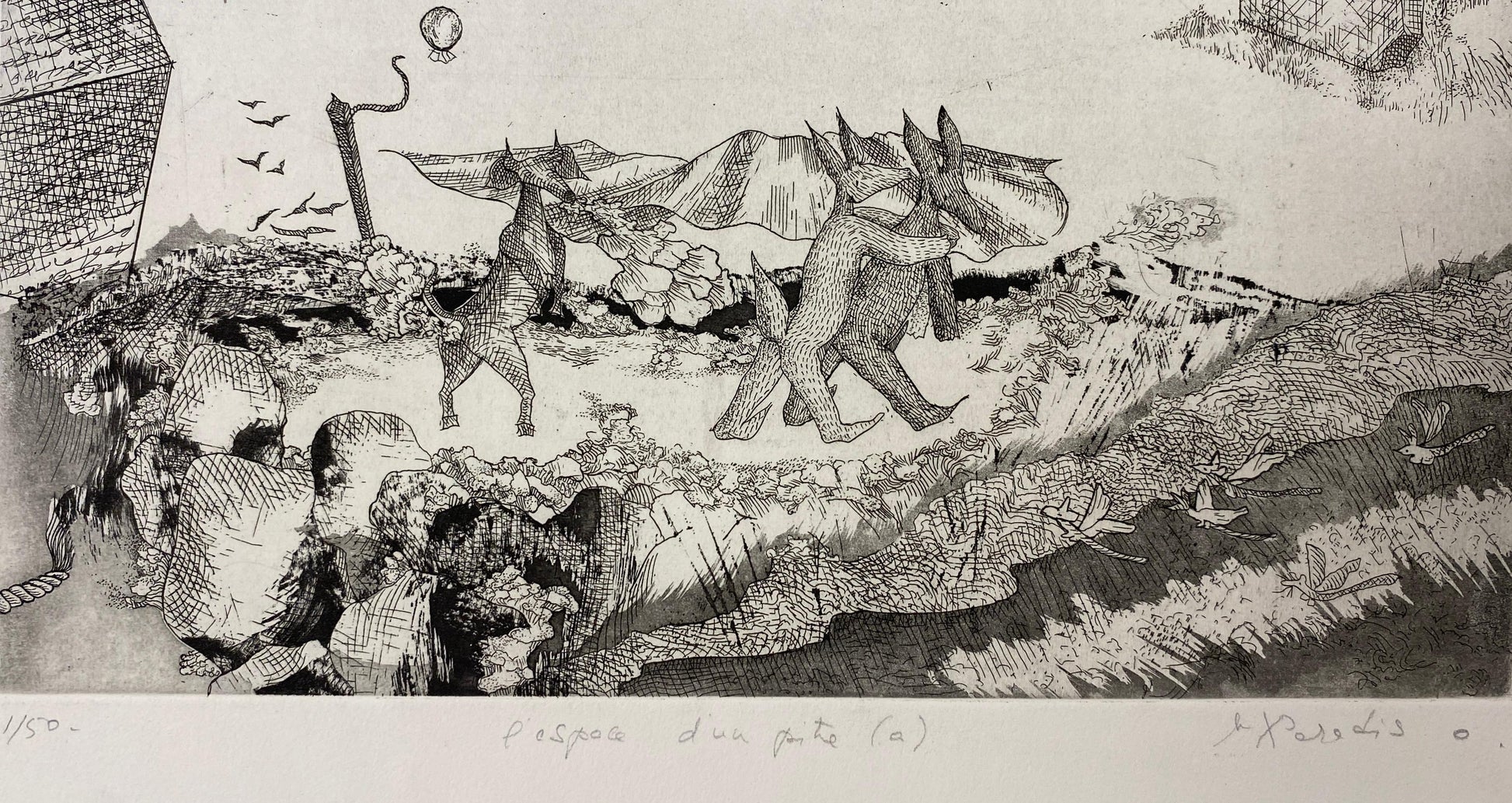 Original French Surrealist Engraving Print titled "l'espace d'un pitre #1/50 — detail 6