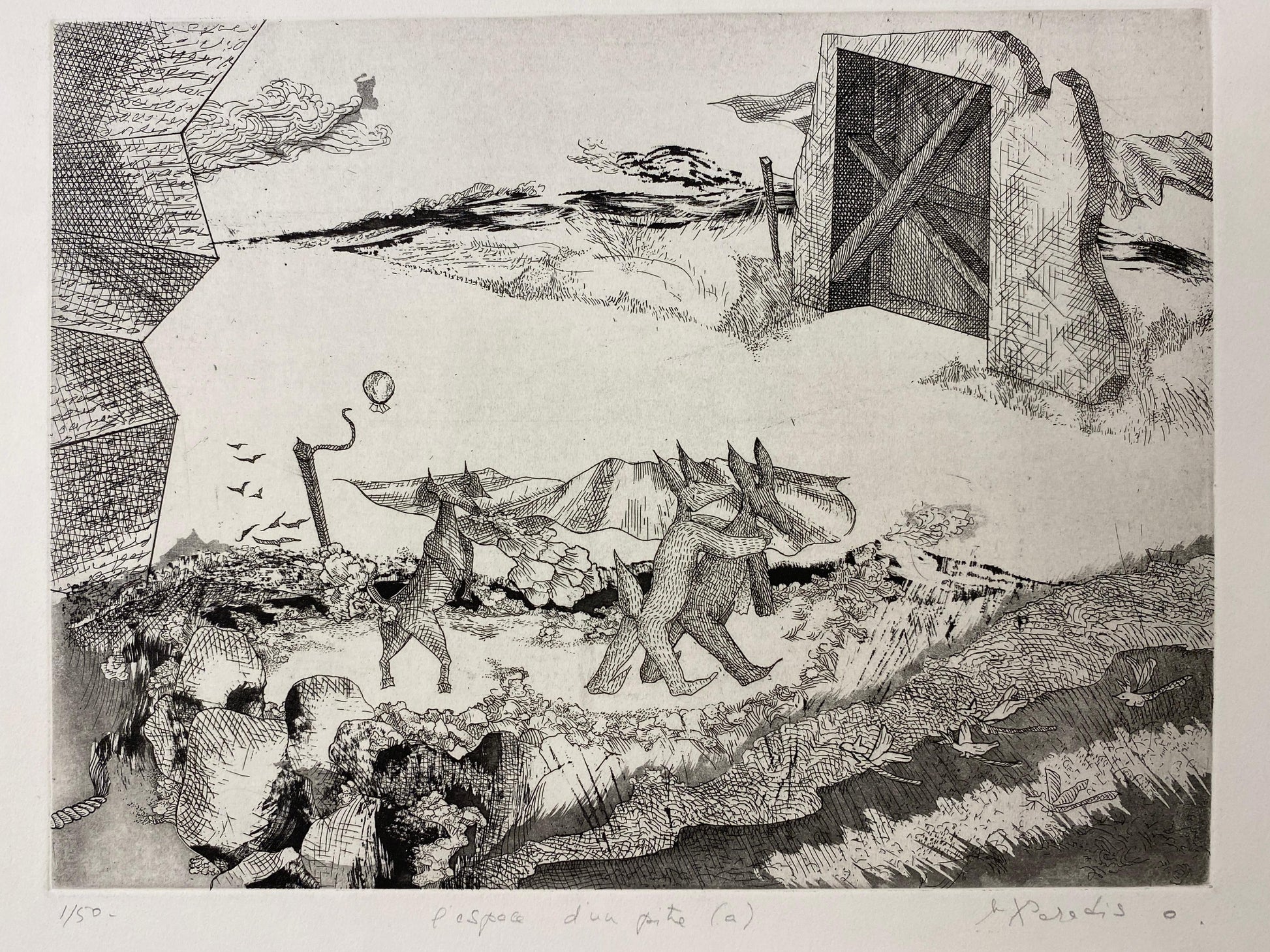 Original French Surrealist Engraving Print titled "l'espace d'un pitre #1/50 — detail 7