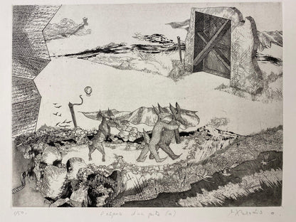Original French Surrealist Engraving Print titled "l'espace d'un pitre #1/50 — detail 7