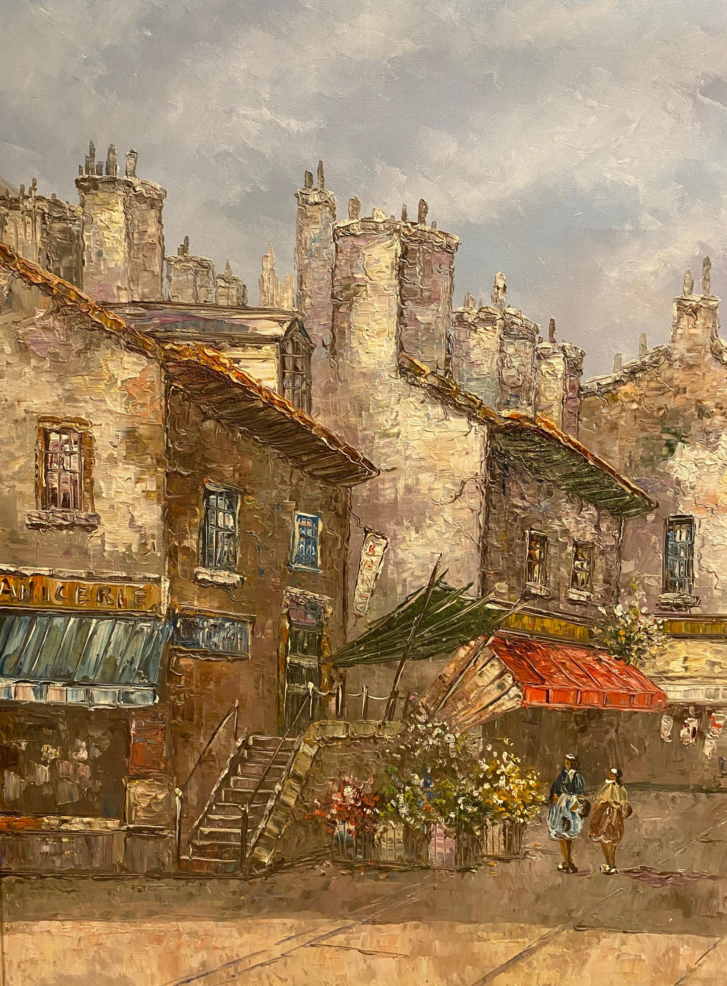 Large Signed Louis Basset Paris Street Scene Oil Painting, Montmartre Café Scene — detail 3
