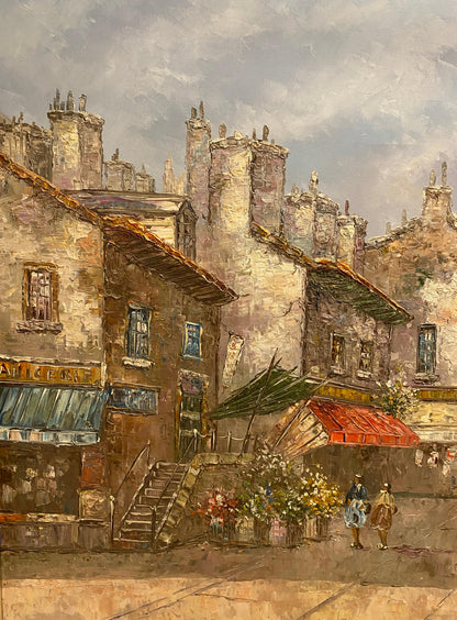 Large Signed Louis Basset Paris Street Scene Oil Painting, Montmartre Café Scene — detail 4