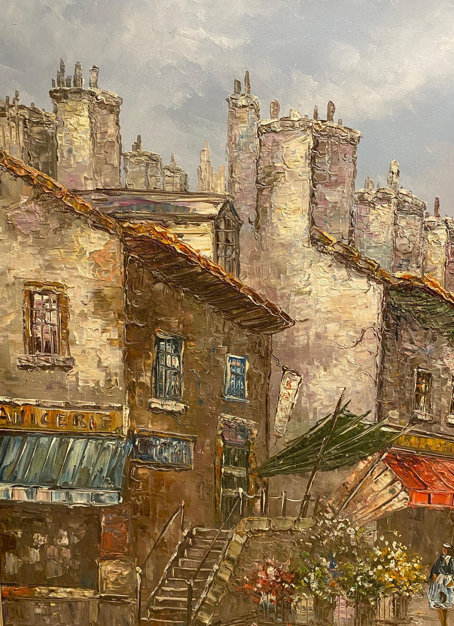 Large Signed Louis Basset Paris Street Scene Oil Painting, Montmartre Café Scene — detail 5