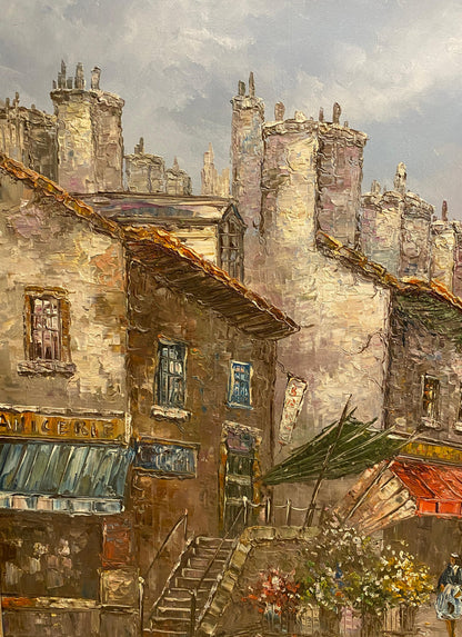 Large Signed Louis Basset Paris Street Scene Oil Painting, Montmartre Café Scene — detail 5