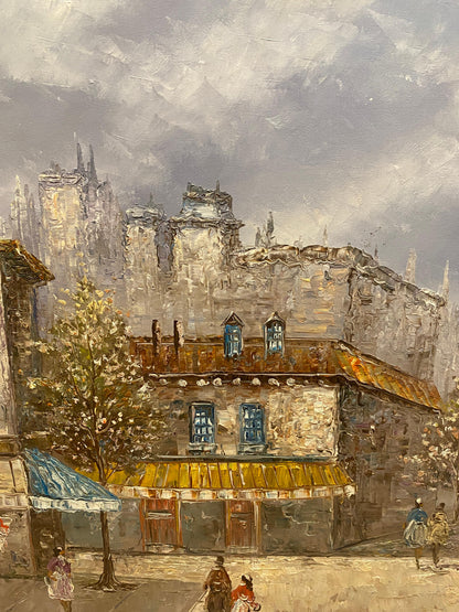 Large Signed Louis Basset Paris Street Scene Oil Painting, Montmartre Café Scene — detail 6