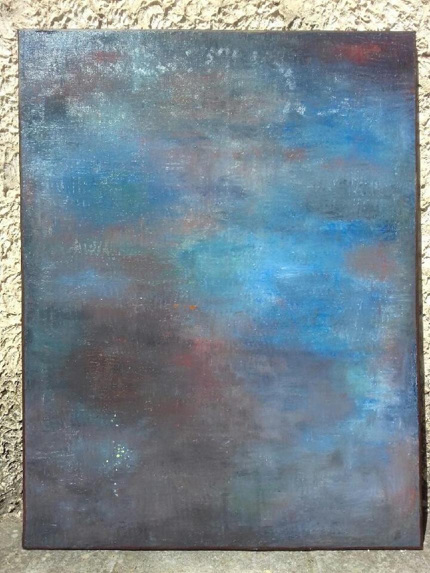 Large Blue Abstract Oil on Canvas Painting by C. Azuelos — detail 7