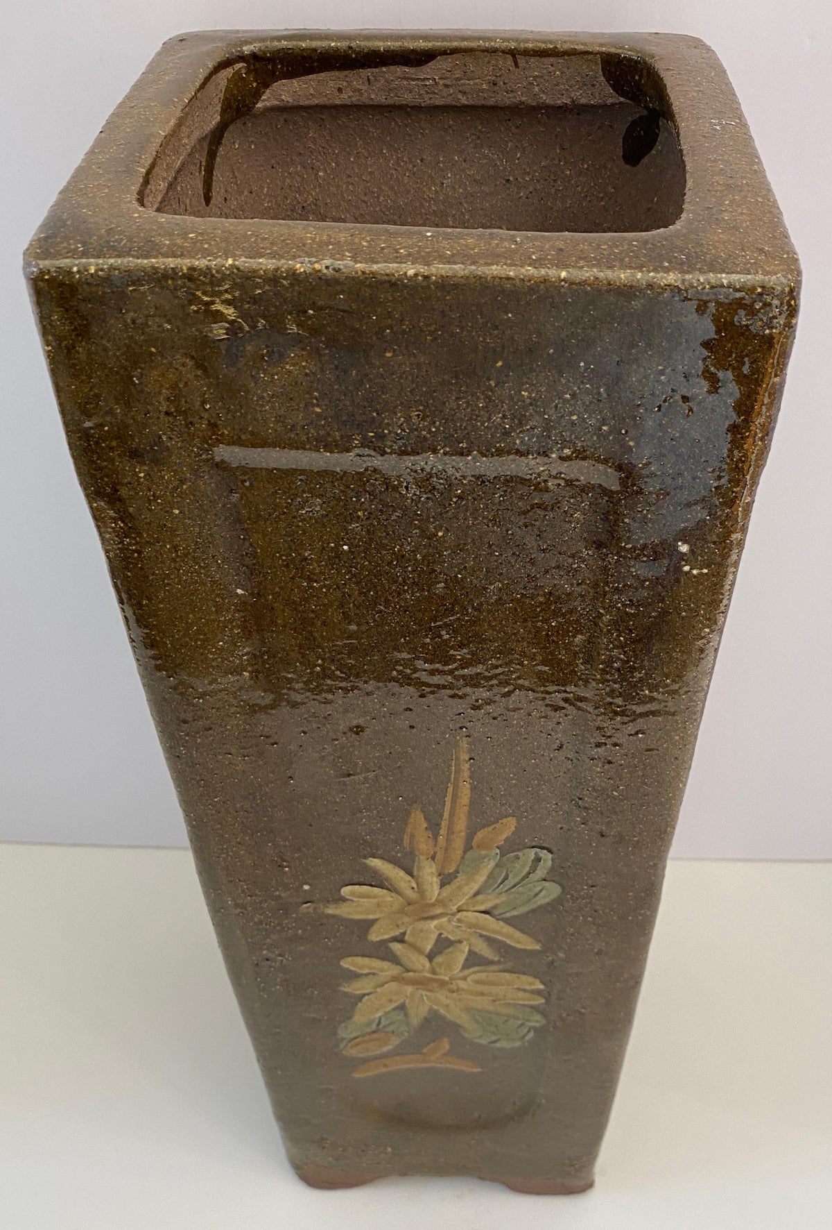 Tall Midcentury Ceramic Flower Vase or Planter Green and Brown, Umbrella Stand — detail 6