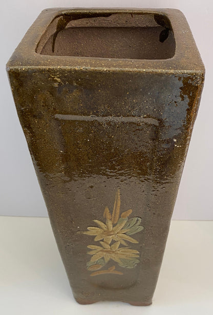 Tall Midcentury Ceramic Flower Vase or Planter Green and Brown, Umbrella Stand — detail 6