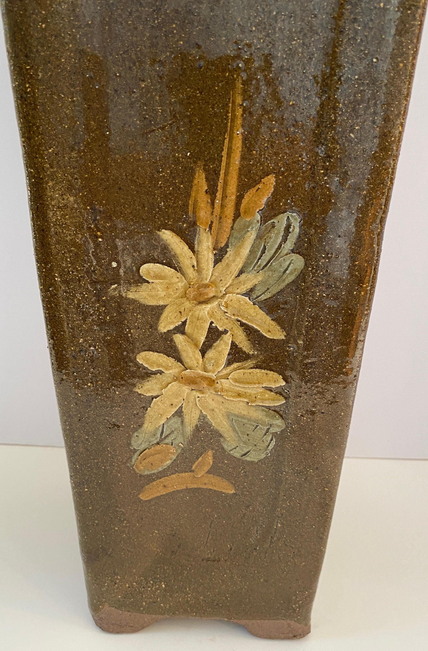 Tall Midcentury Ceramic Flower Vase or Planter Green and Brown, Umbrella Stand — detail 7
