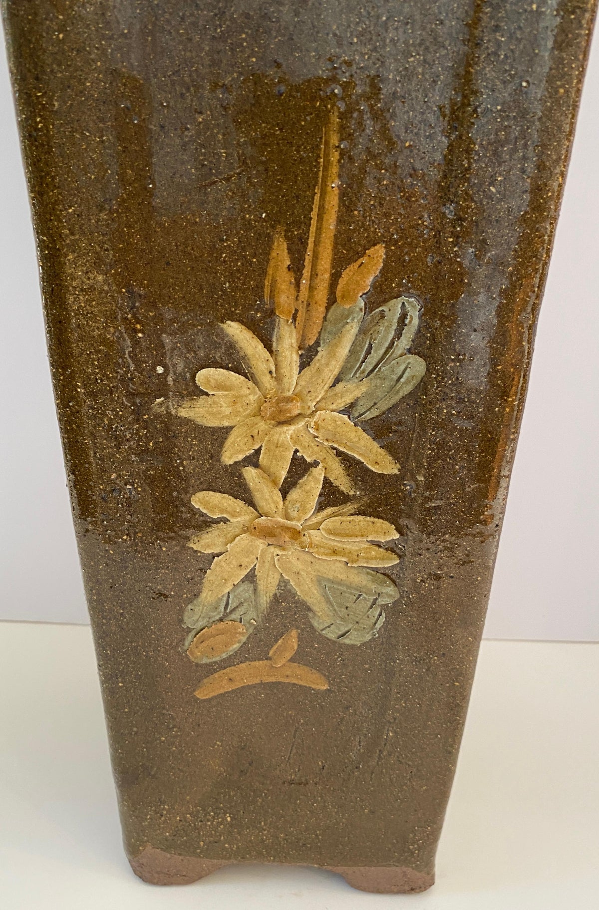 Tall Midcentury Ceramic Flower Vase or Planter Green and Brown, Umbrella Stand — detail 7