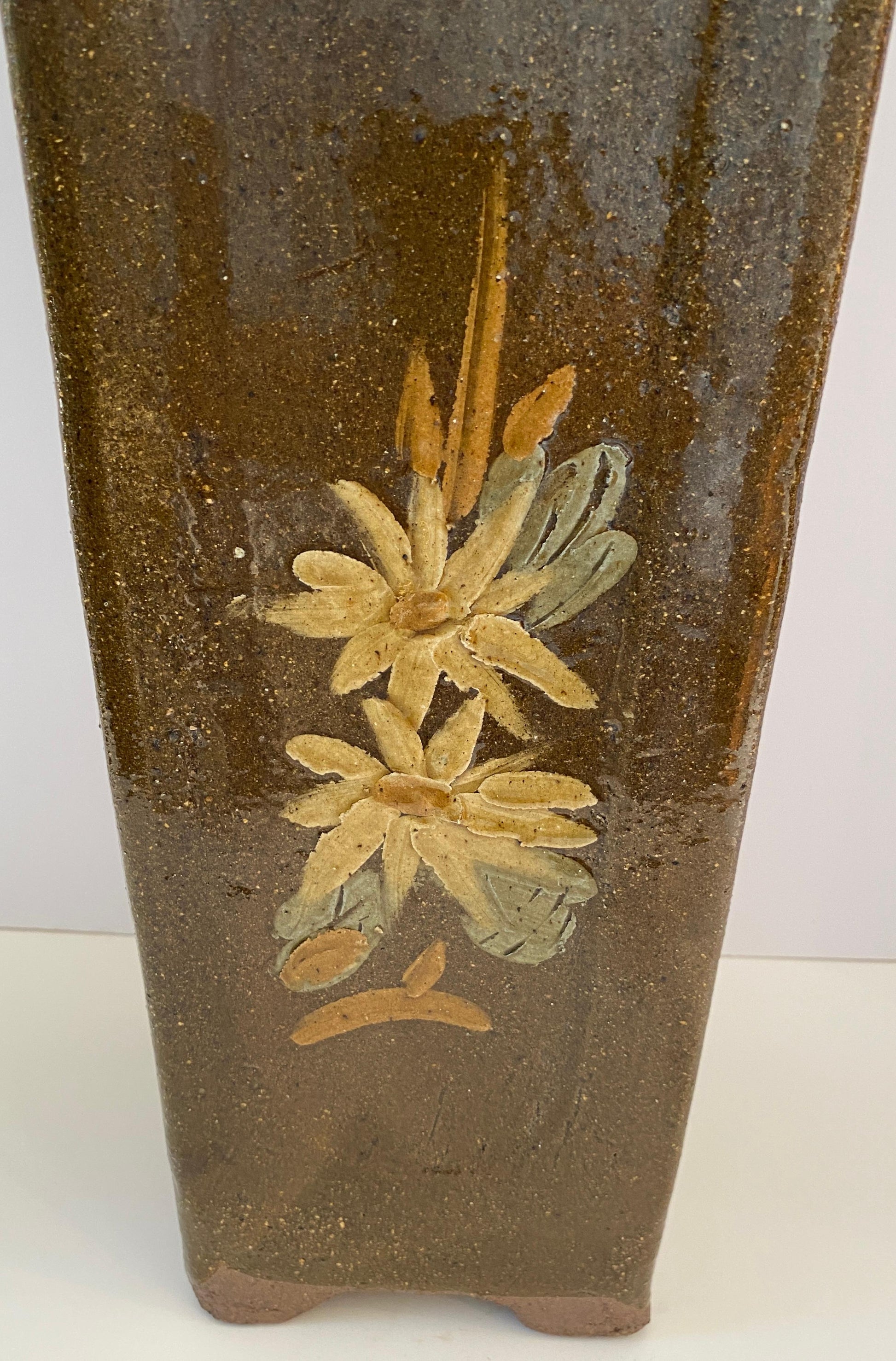 Tall Midcentury Ceramic Flower Vase or Planter Green and Brown, Umbrella Stand — detail 7