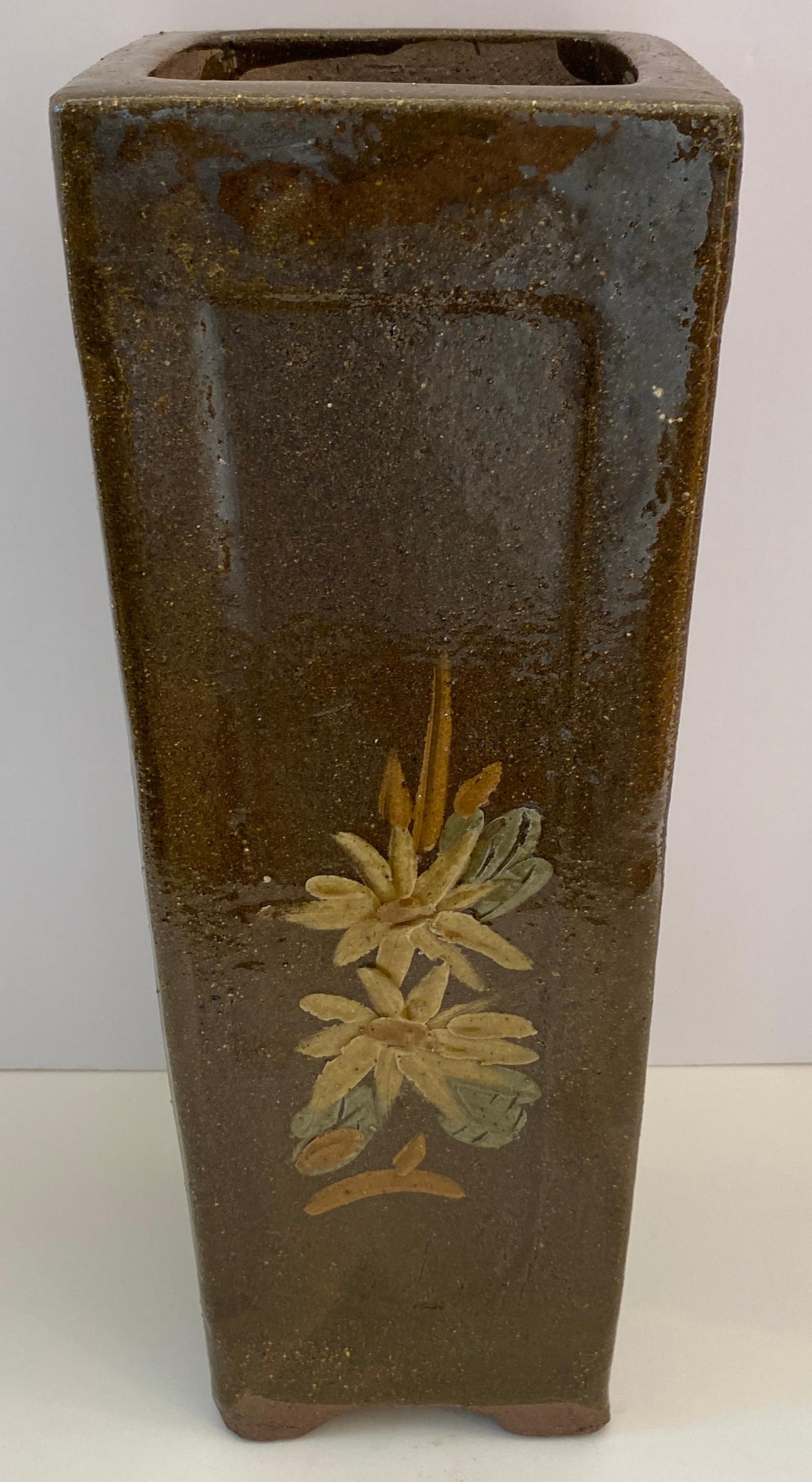 Tall Midcentury Ceramic Flower Vase or Planter Green and Brown, Umbrella Stand — detail 8