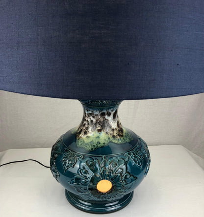 Large French Mid- 20th Century Blue and Beige Glazed Ceramic Table Lamp — detail 2