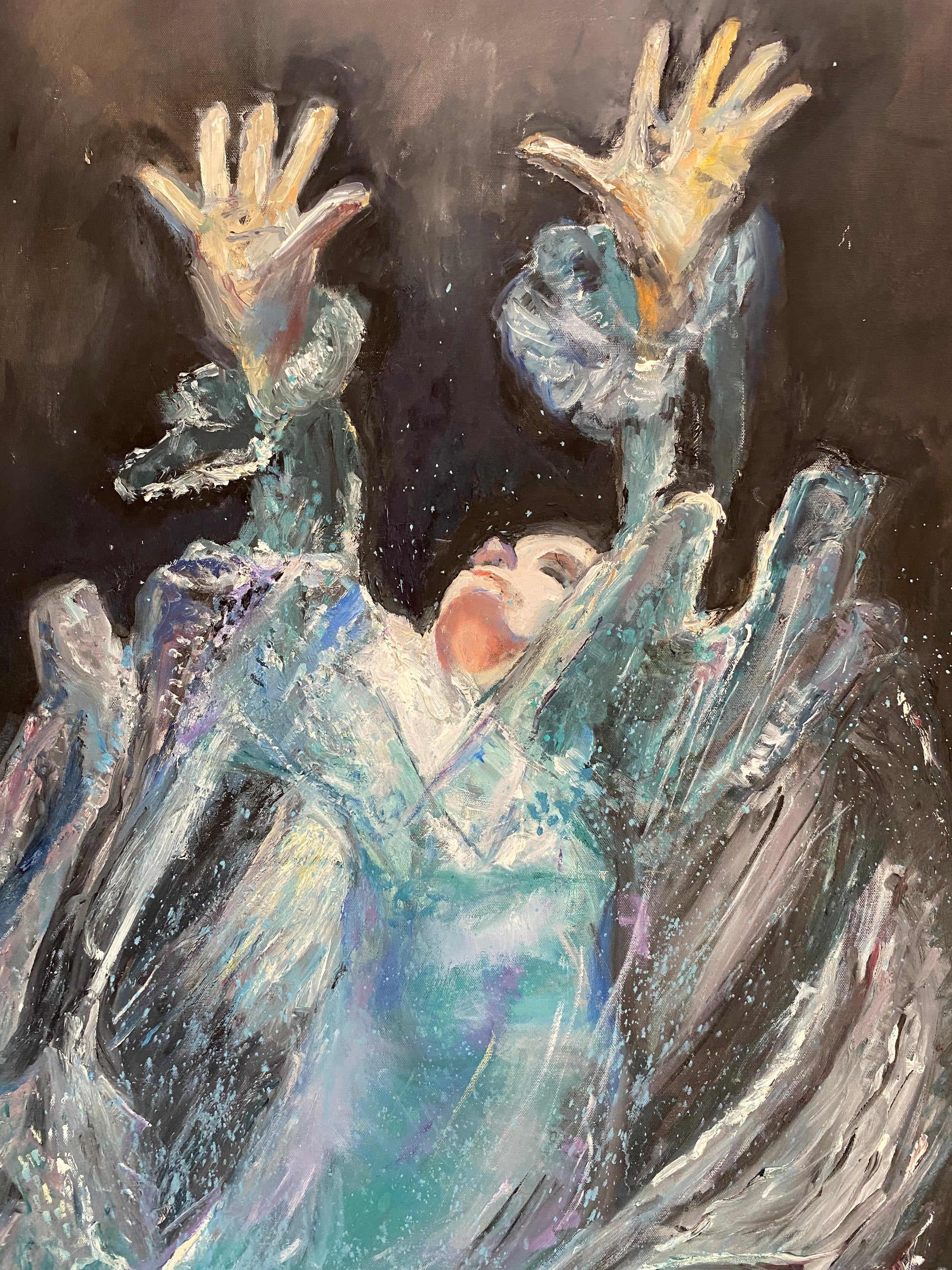 Large Painting Woman in the Sea, Blue Oil on Canvas — detail 8