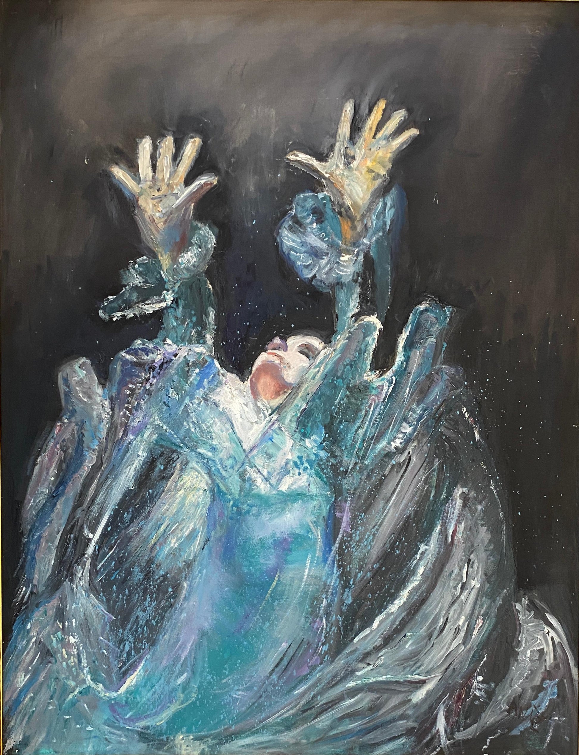 Large Painting Woman in the Sea, Blue Oil on Canvas — detail 3