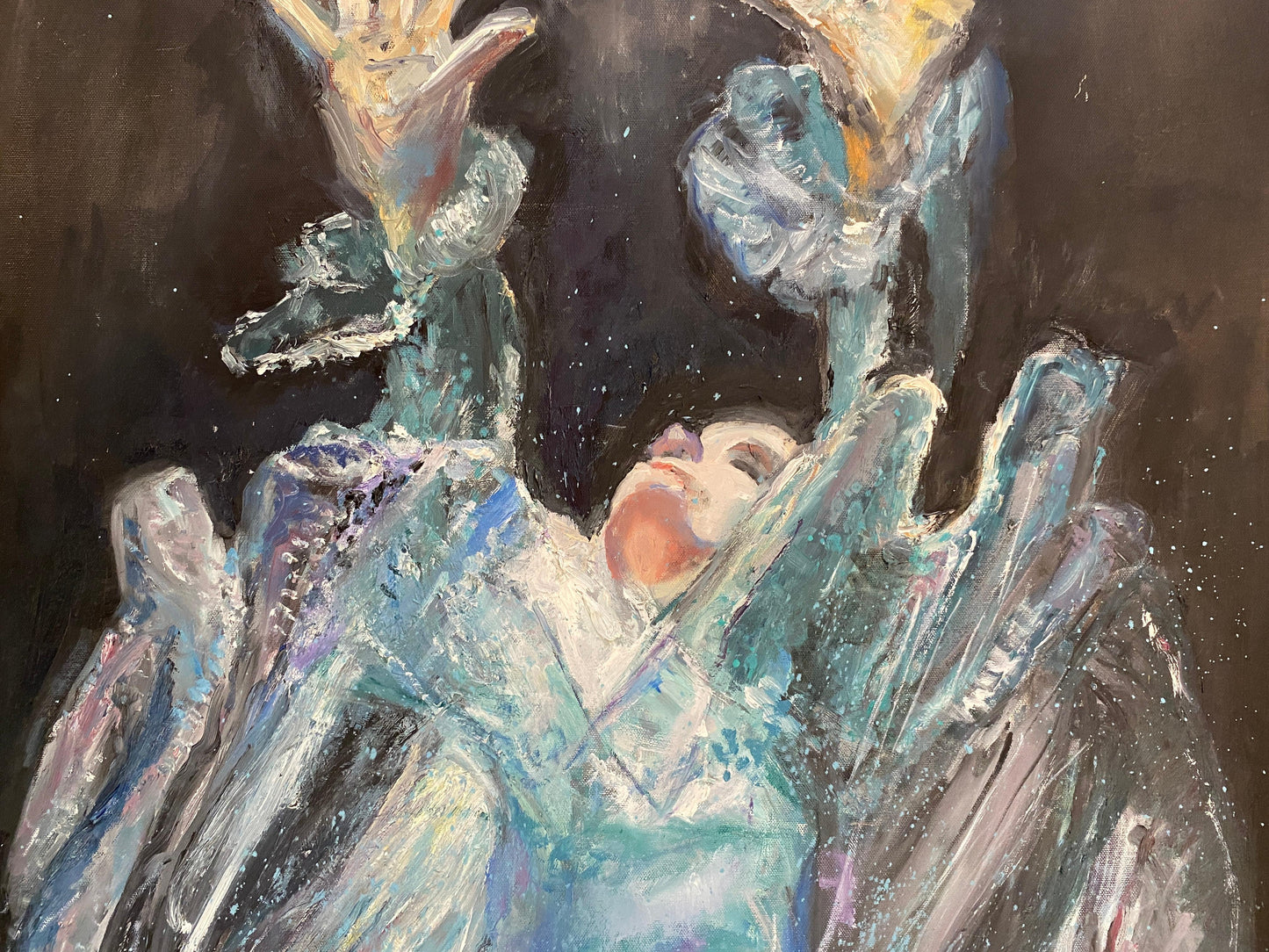 Large Painting Woman in the Sea, Blue Oil on Canvas — detail 5