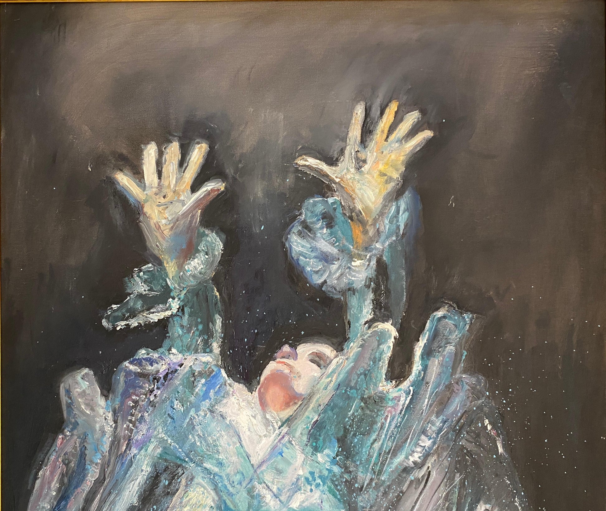 Large Painting Woman in the Sea, Blue Oil on Canvas — detail 6