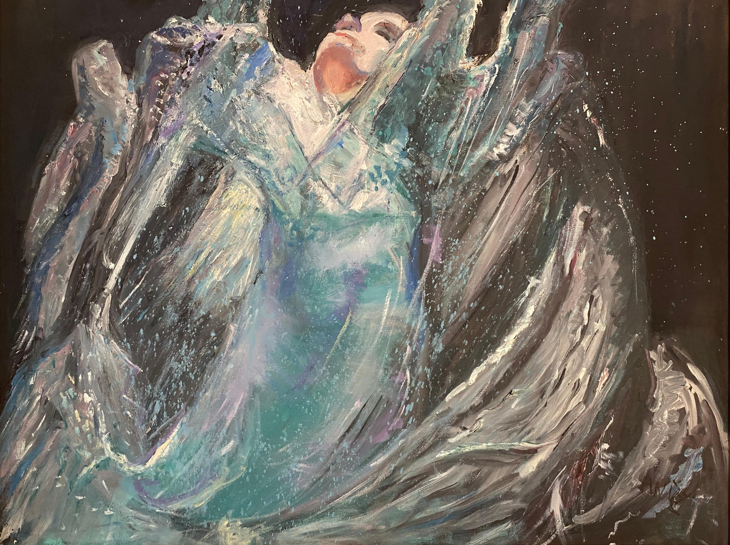Large Painting Woman in the Sea, Blue Oil on Canvas — detail 2