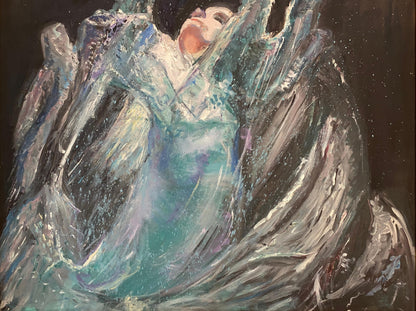 Large Painting Woman in the Sea, Blue Oil on Canvas — detail 2