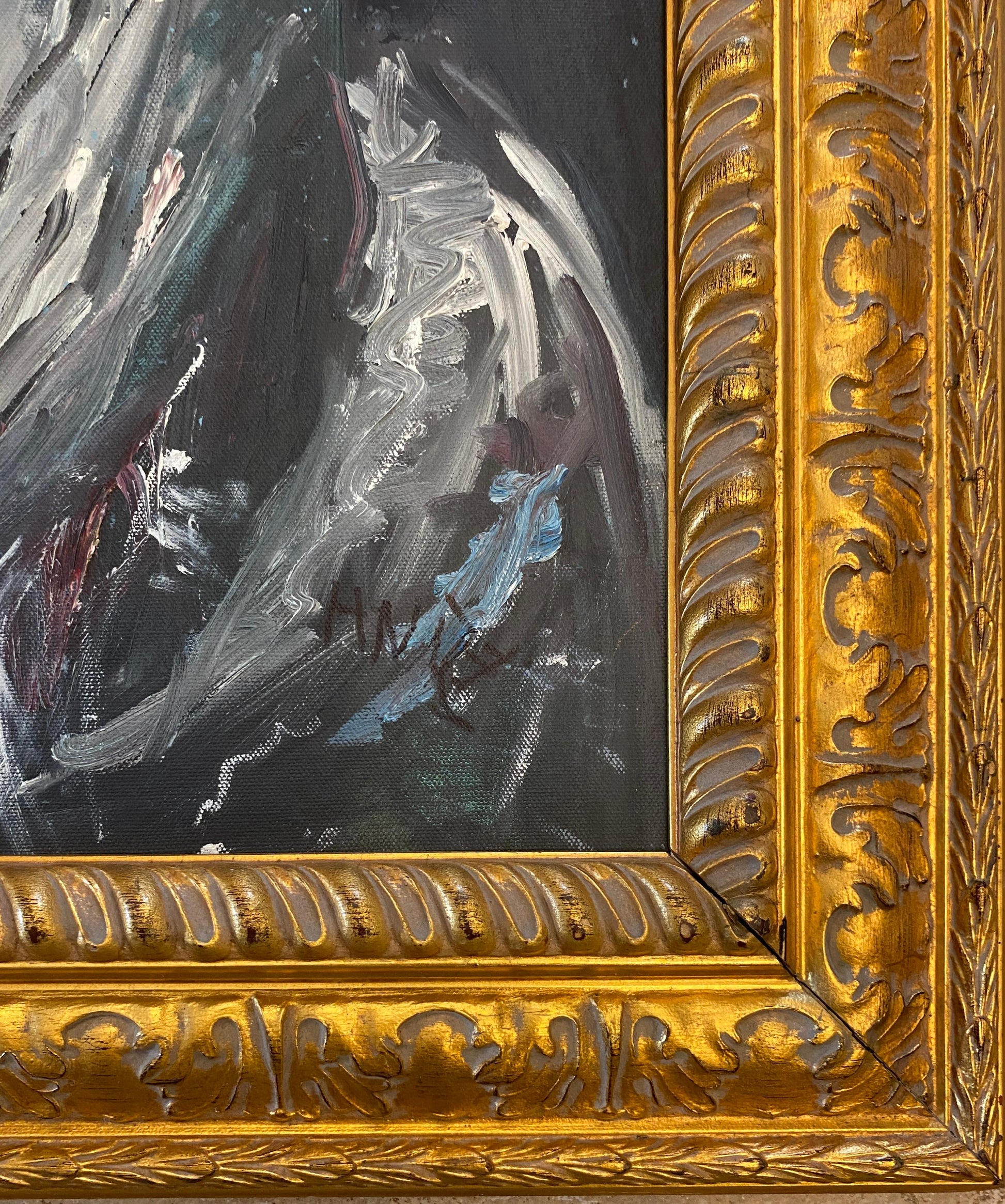 Large Painting Woman in the Sea, Blue Oil on Canvas — detail 7