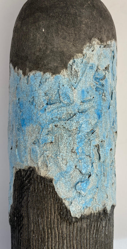 Vallauris Fat Lava Style Pottery, French Mid Century Blue Decorative Lidded Vase — detail 2