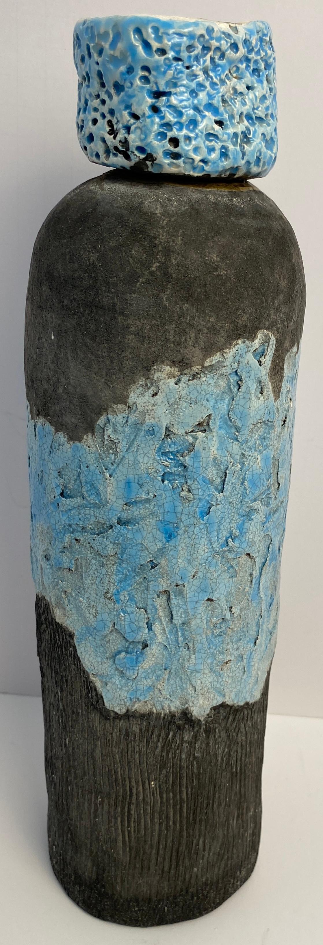 Vallauris Fat Lava Style Pottery, French Mid Century Blue Decorative Lidded Vase — detail 4
