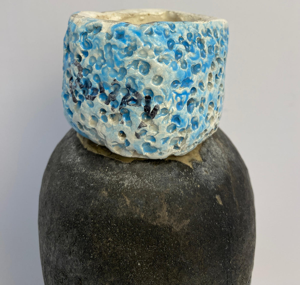 Vallauris Fat Lava Style Pottery, French Mid Century Blue Decorative Lidded Vase — detail 7