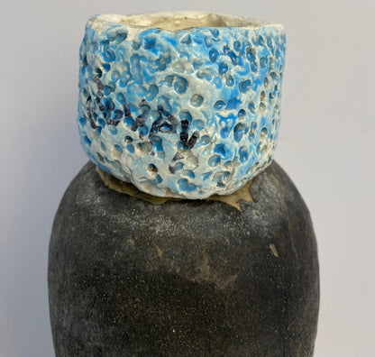 Vallauris Fat Lava Style Pottery, French Mid Century Blue Decorative Lidded Vase — detail 7