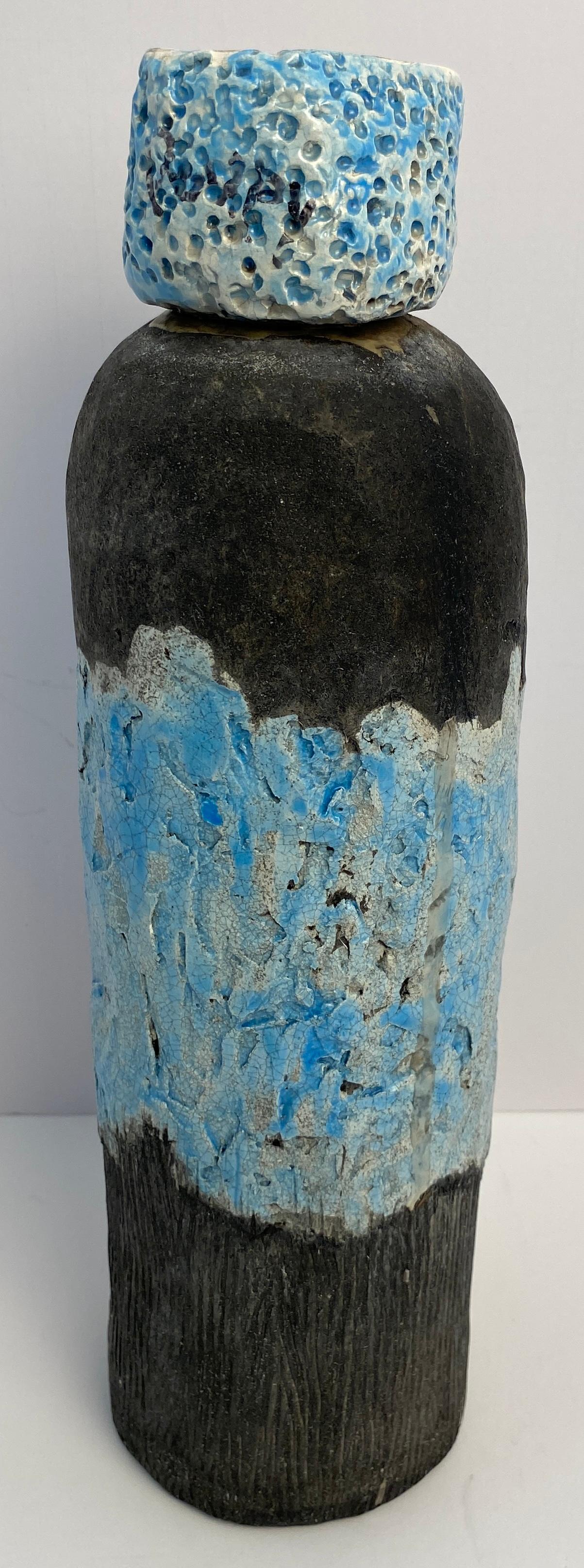 Vallauris Fat Lava Style Pottery, French Mid Century Blue Decorative Lidded Vase — detail 9