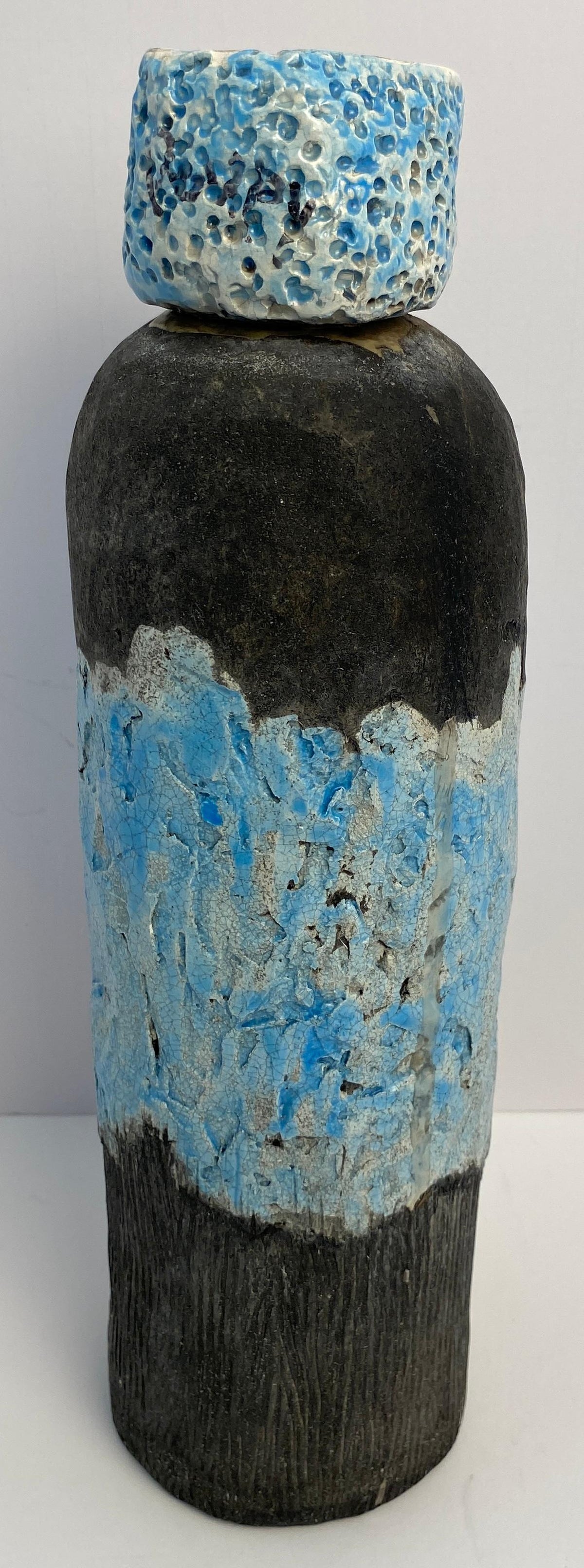 Vallauris Fat Lava Style Pottery, French Mid Century Blue Decorative Lidded Vase — detail 9