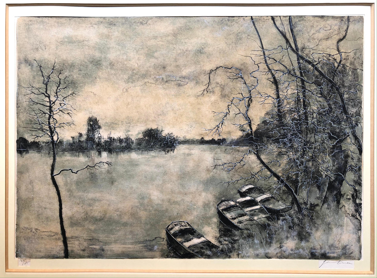 Framed Lithograph Landscape with View of the Lake and Boats Signed — detail 3