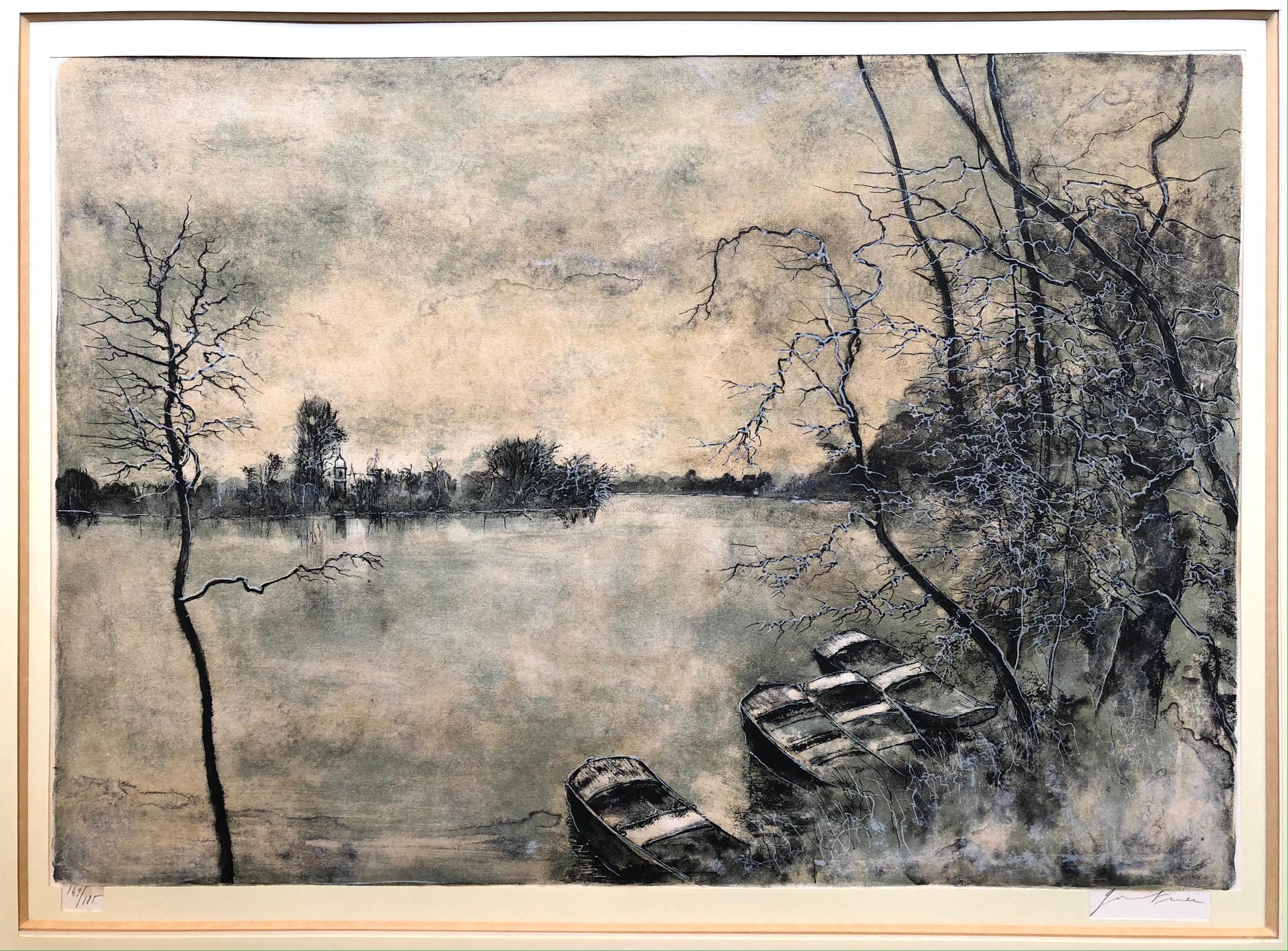 Framed Lithograph Landscape with View of the Lake and Boats Signed — detail 3
