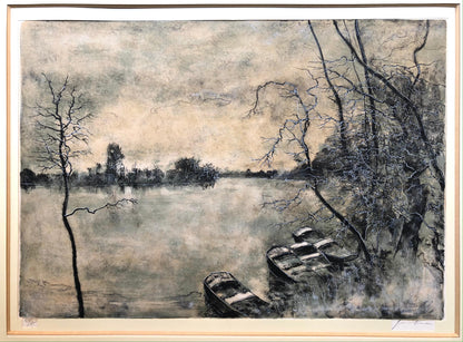 Framed Lithograph Landscape with View of the Lake and Boats Signed — detail 3