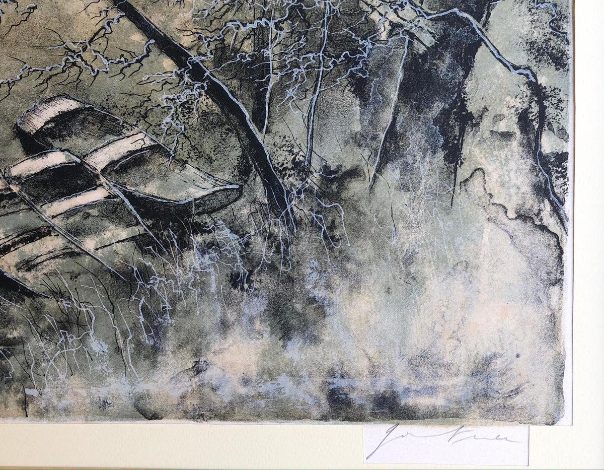 Framed Lithograph Landscape with View of the Lake and Boats Signed — detail 5