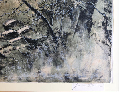 Framed Lithograph Landscape with View of the Lake and Boats Signed — detail 5