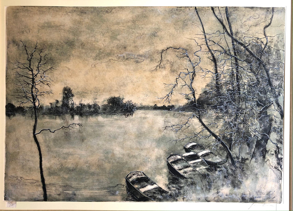 Framed Lithograph Landscape with View of the Lake and Boats Signed — detail 6