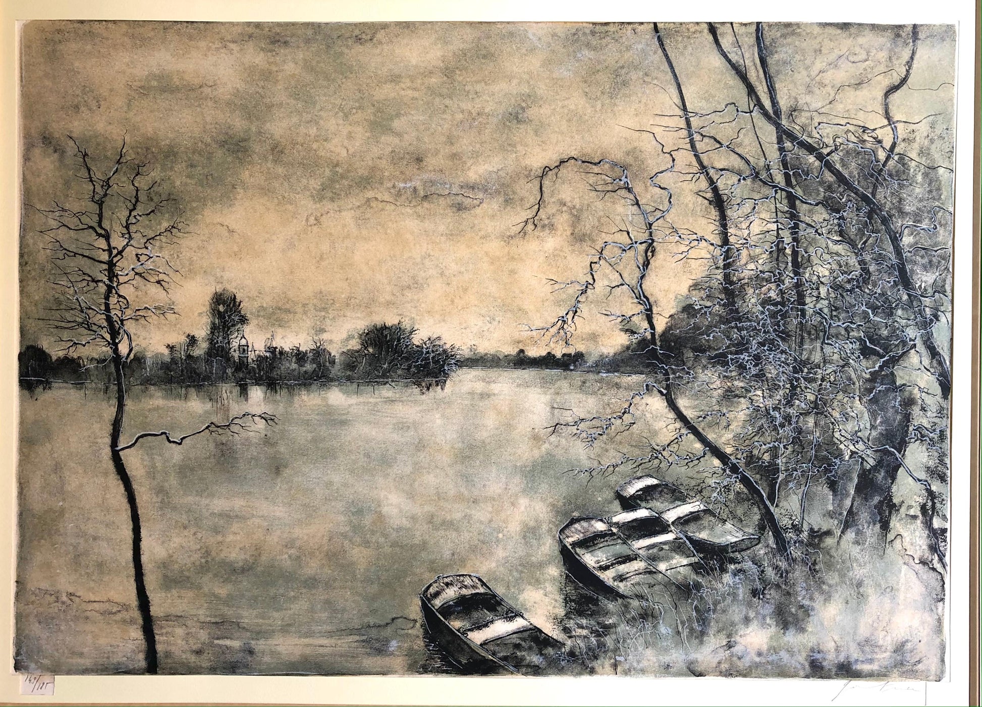 Framed Lithograph Landscape with View of the Lake and Boats Signed — detail 6