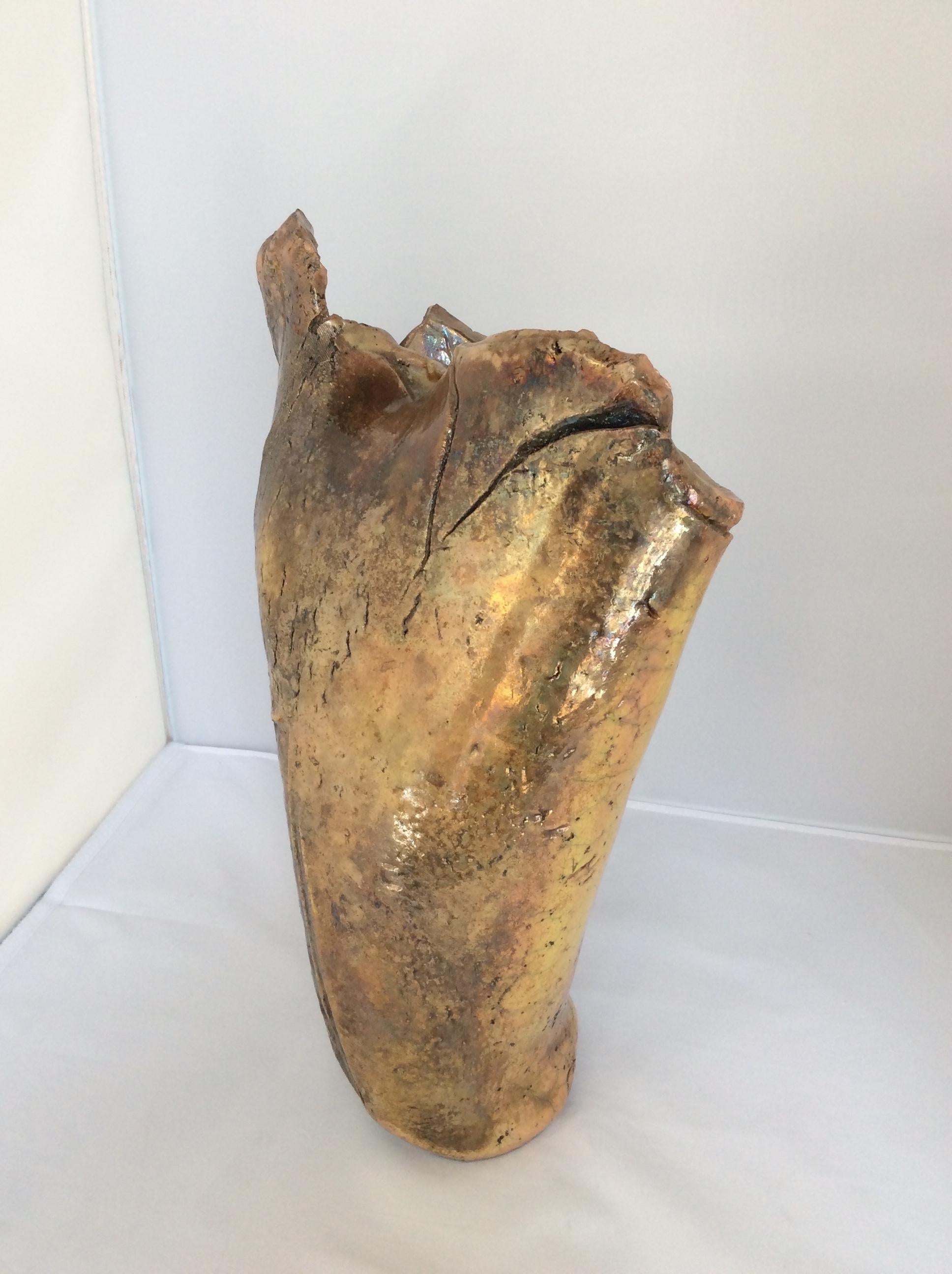 French Midcentury Sculpted Stoneware Vase, Neutral Brown — detail 3