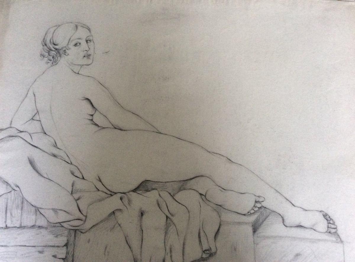 Original Drawing Nude Woman, French Unsigned on Aged Paper