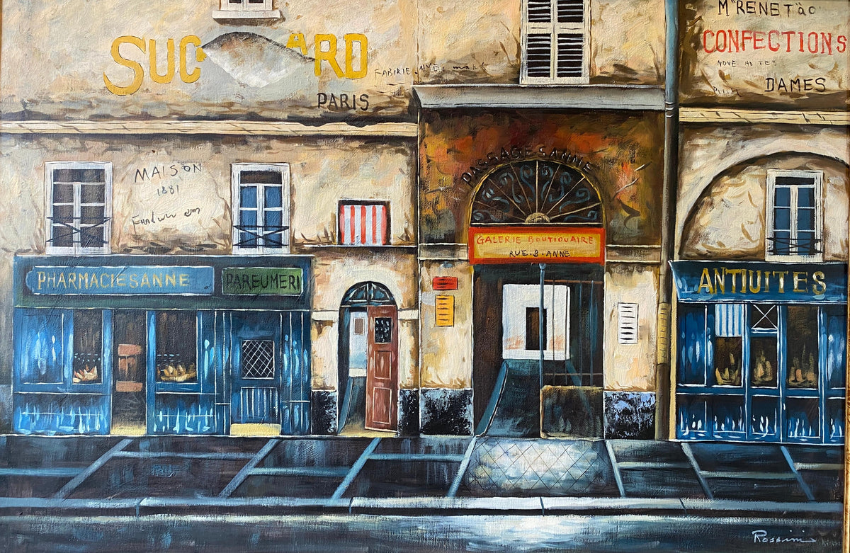 Contemporary Oil on Canvas Painting of French Storefronts Signed Rossini — detail 2