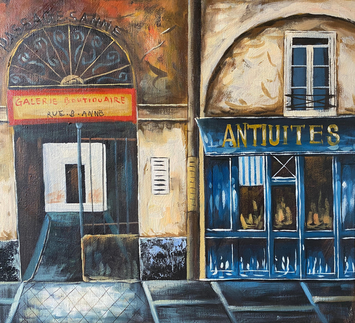Contemporary Oil on Canvas Painting of French Storefronts Signed Rossini — detail 4