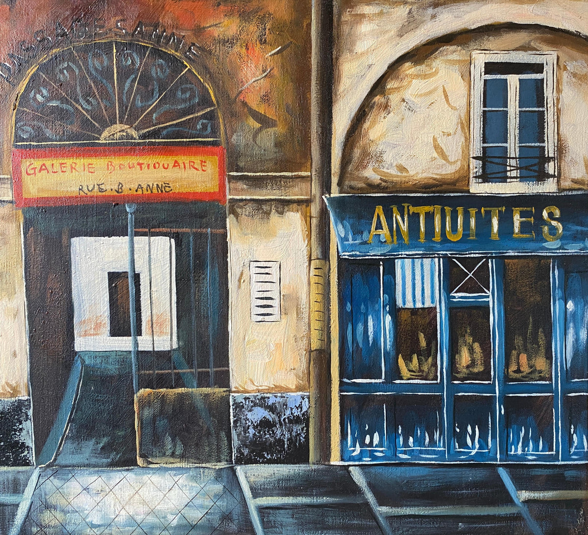 Contemporary Oil on Canvas Painting of French Storefronts Signed Rossini — detail 4