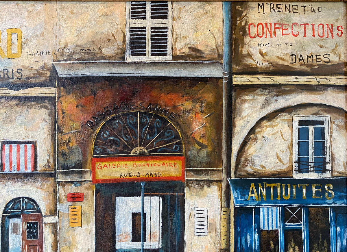 Contemporary Oil on Canvas Painting of French Storefronts Signed Rossini — detail 6