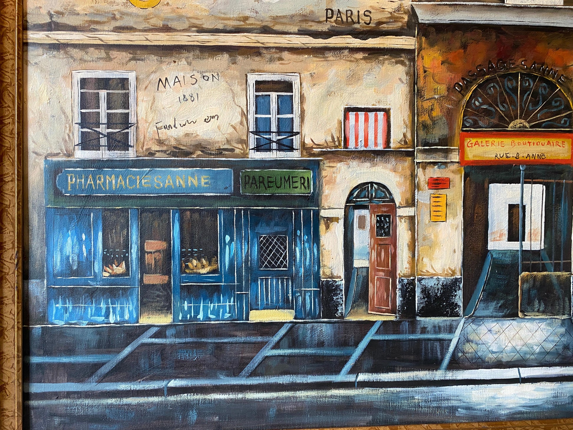 Contemporary Oil on Canvas Painting of French Storefronts Signed Rossini — detail 8