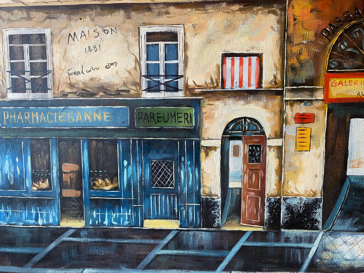 Contemporary Oil on Canvas Painting of French Storefronts Signed Rossini — detail 9