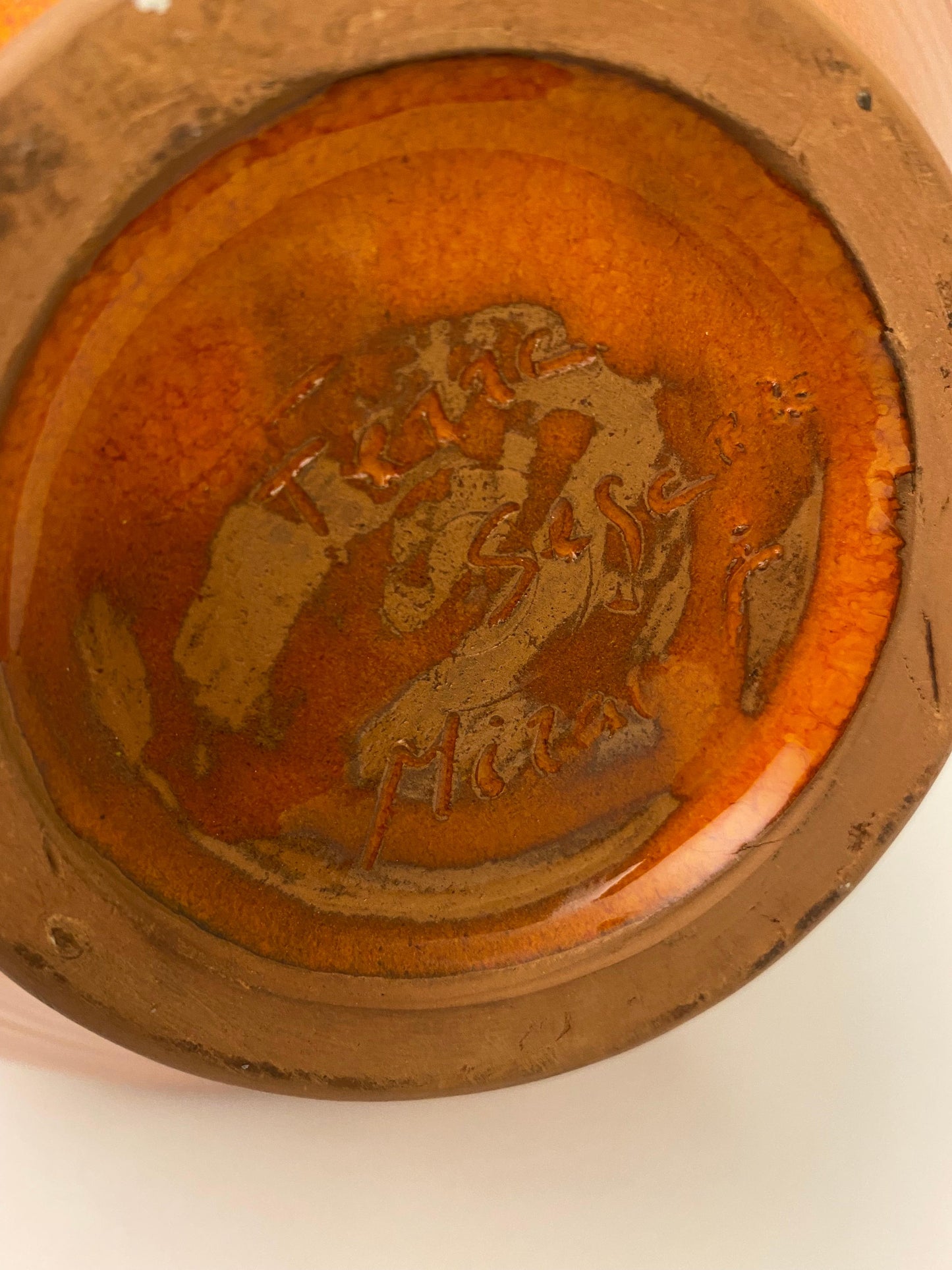 Large Midcentury Ceramic Vase Orange Signed Ferre Sega Mizal — detail 7